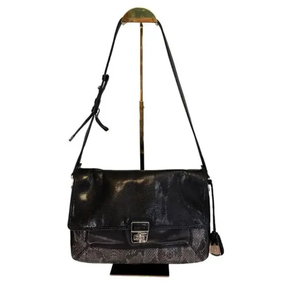 Cole Haan AVA Shoulder Bag Snakeskin Embossed Black Gray Leather Turn Lock